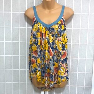 FREE PEOPLE Sexy Low Cut Drapery Tank Top Multi Color Floral Print Boho Tunic M